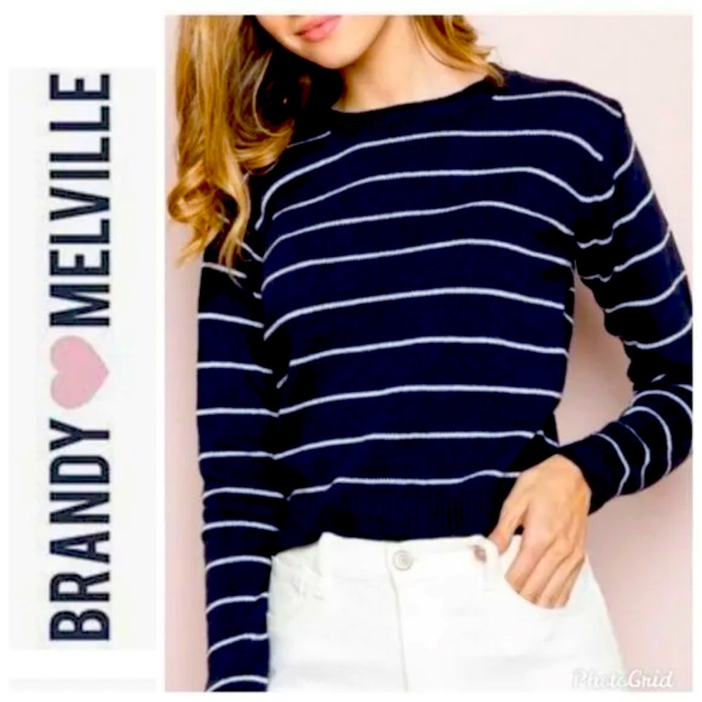 Brandy Melville Blue White Stripe Cropped Sweater
 One Size but fits a sz 10-14